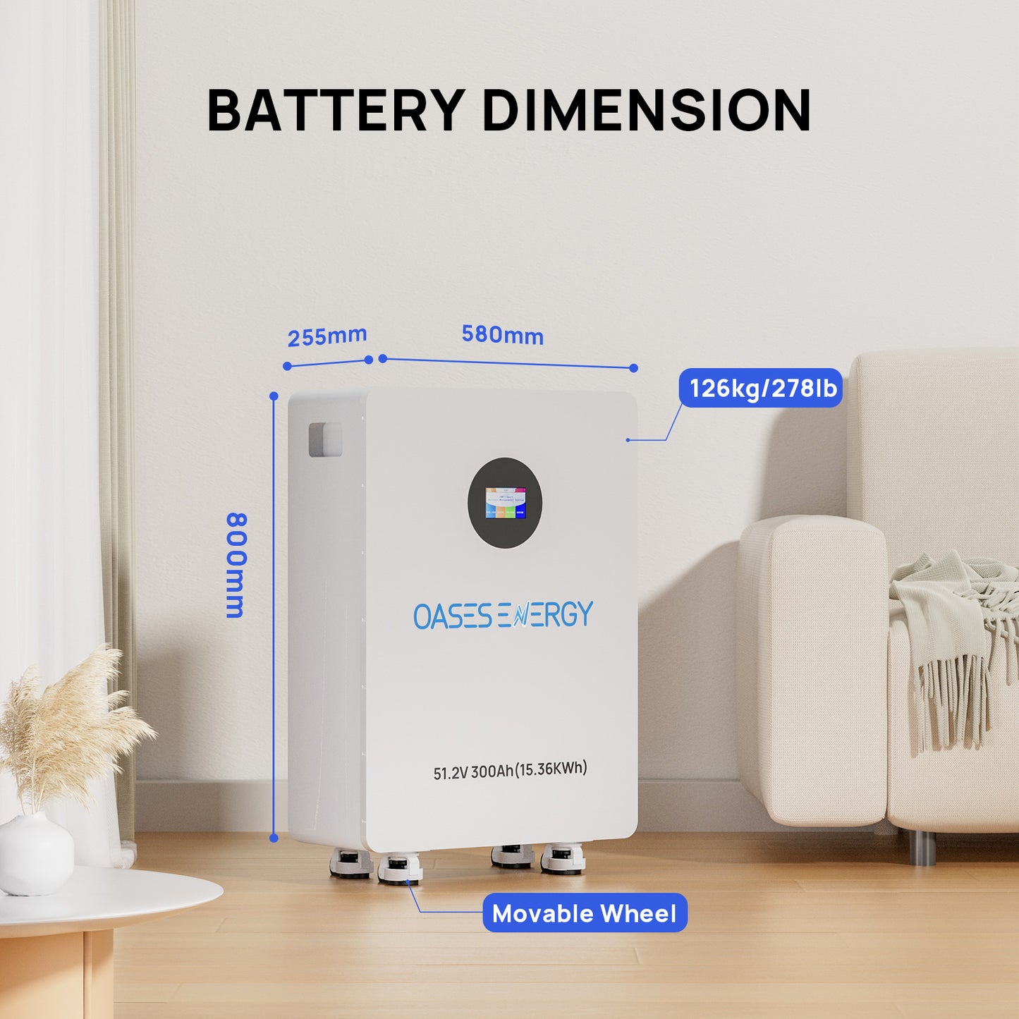 48V 300Ah LiFePO4 Lithium Battery, 15.36kWh Capacity Built-in 200A BMS & Touchable LCD Screen, for Solar System, Off-Grid Applications, Home Energy Storage,