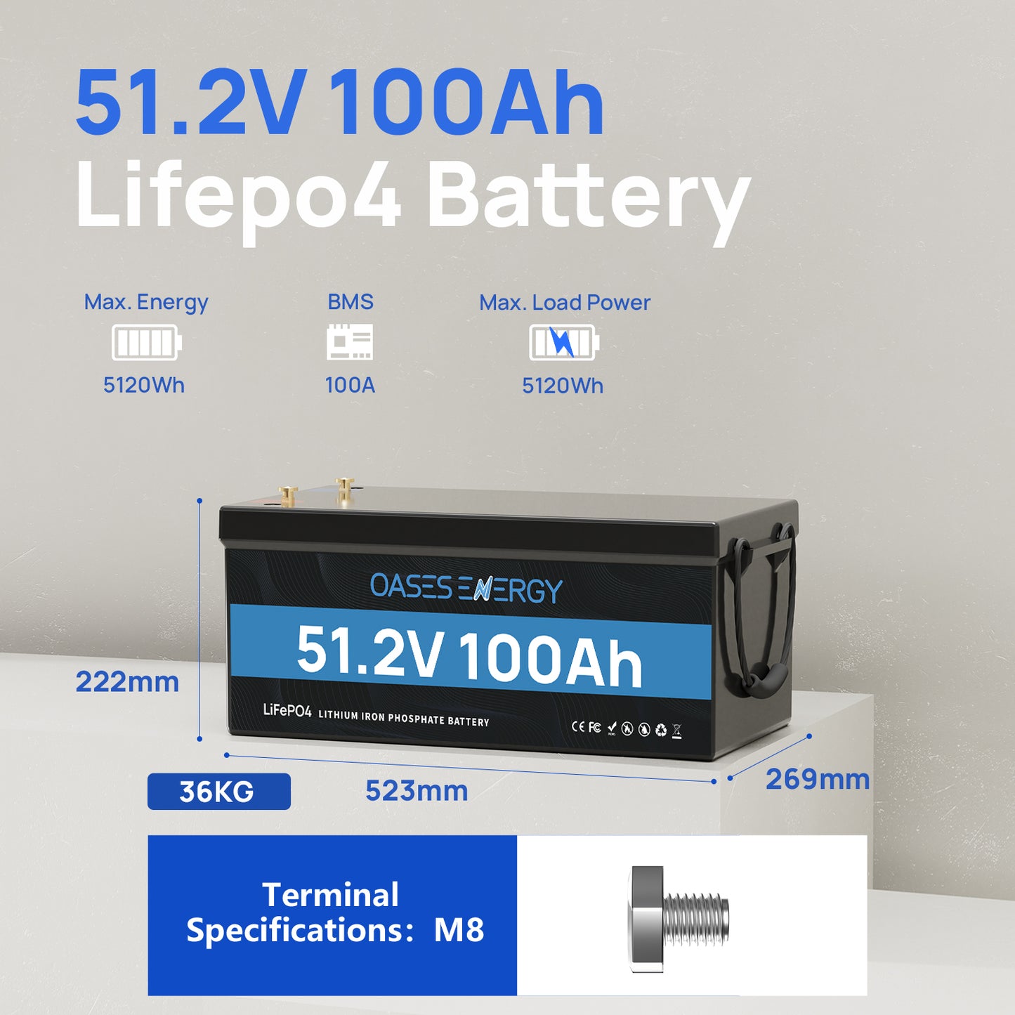 48V 100Ah LiFePO4 Lithium Battery, Build-in 100A BMS for RV, Camper, Solar Energy Storage, Boats, Off Grid