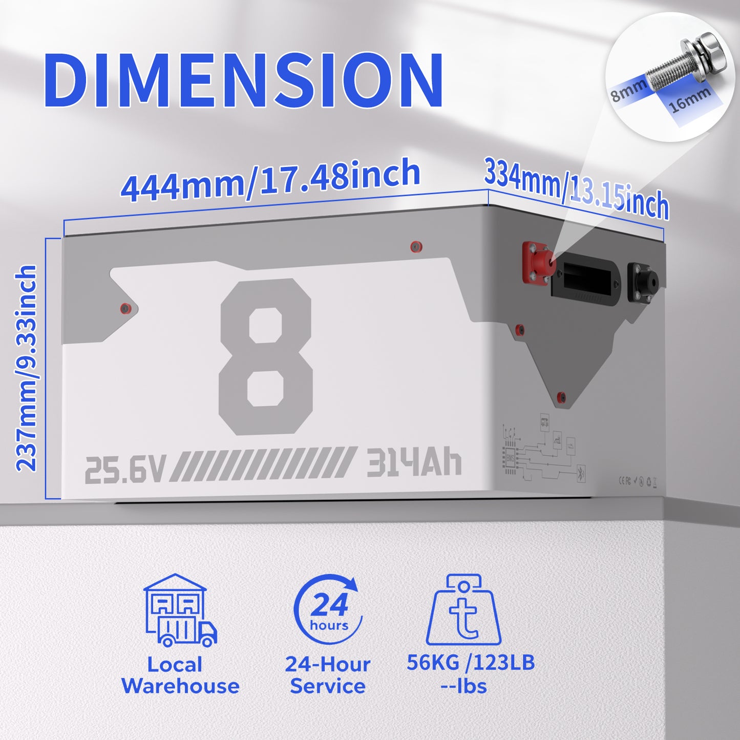 24V 314Ah LiFePO4 Lithium Battery Metal Case Built-in Bluetooth 200A BMS with Low Temp Cutoff, Perfect for Home Backup Power, OffGrid, RV, Solar, Marine