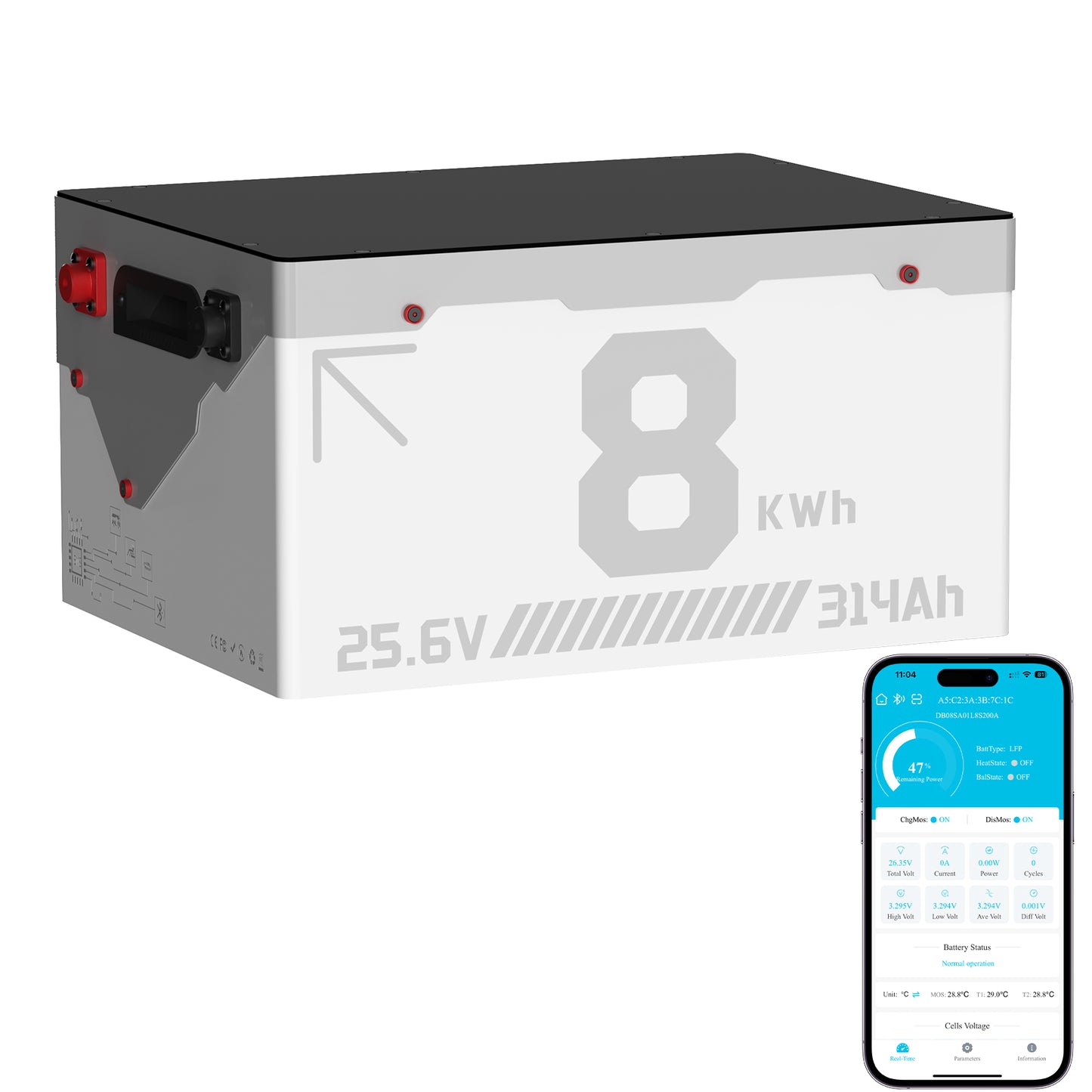 24V 314Ah  LiFePO4 Lithium Battery Metal Case Built-in Bluetooth 200A BMS with Low Temp Cutoff, Perfect for Home Backup Power, OffGrid, RV, Solar, Marine