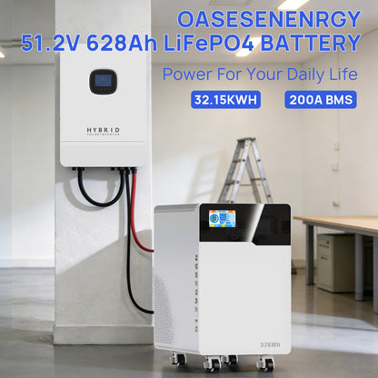 48V 628Ah LiFePO4 Lithium Battery, 32.15kWh Deep Cycle Solar Battery, Built-in 200A BMS & Bluetooth App, Touchable LCD Screen, for Off-Grid Solar, Home Backup, Energy Storage