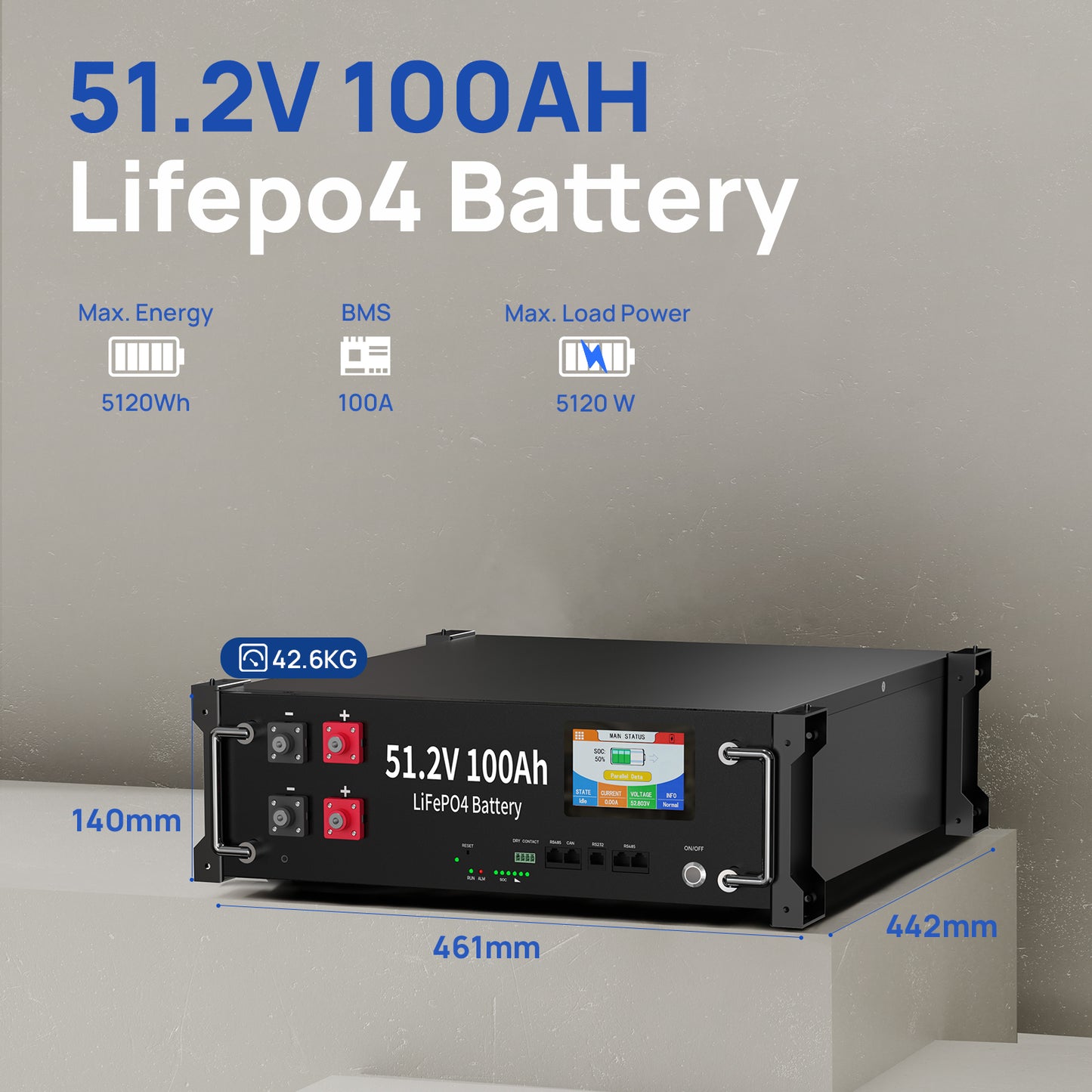 48V 100Ah LiFePO4 Battery , 5.12kWh 48V Litium Solar Battery, Built-in 100A BMS & Bluetooth App, Touchable LCD Screen, Server Rack Battery for Off-Grid Solar, Home Backup, Energy Storage