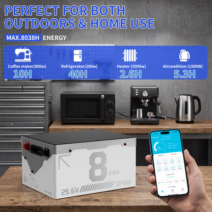 24V 314Ah  LiFePO4 Lithium Battery Metal Case Built-in Bluetooth 200A BMS with Low Temp Cutoff, Perfect for Home Backup Power, OffGrid, RV, Solar, Marine