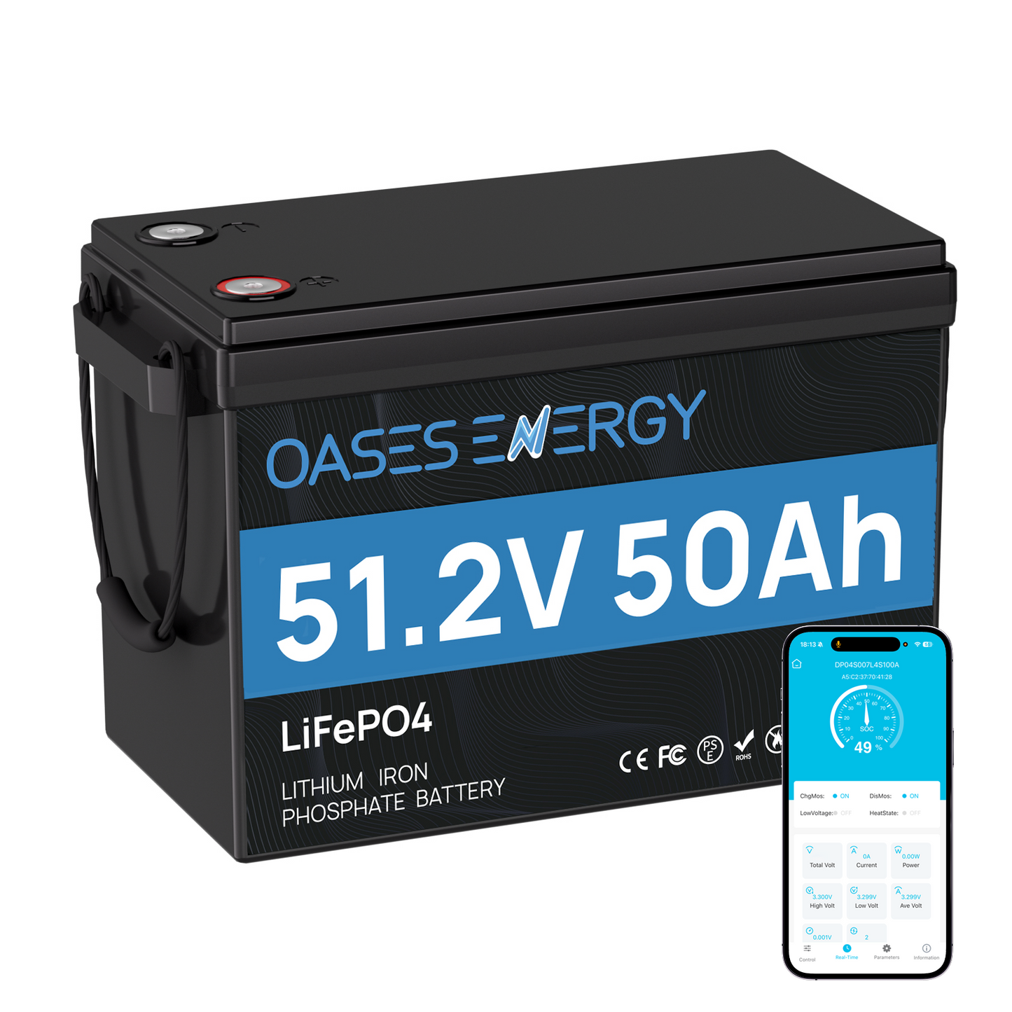 Oasesenergy 48V 50Ah LiFePO4 Battery with Bluetooth, 50A BMS, for Off-Grid, Solar, RV, Camper,Boats