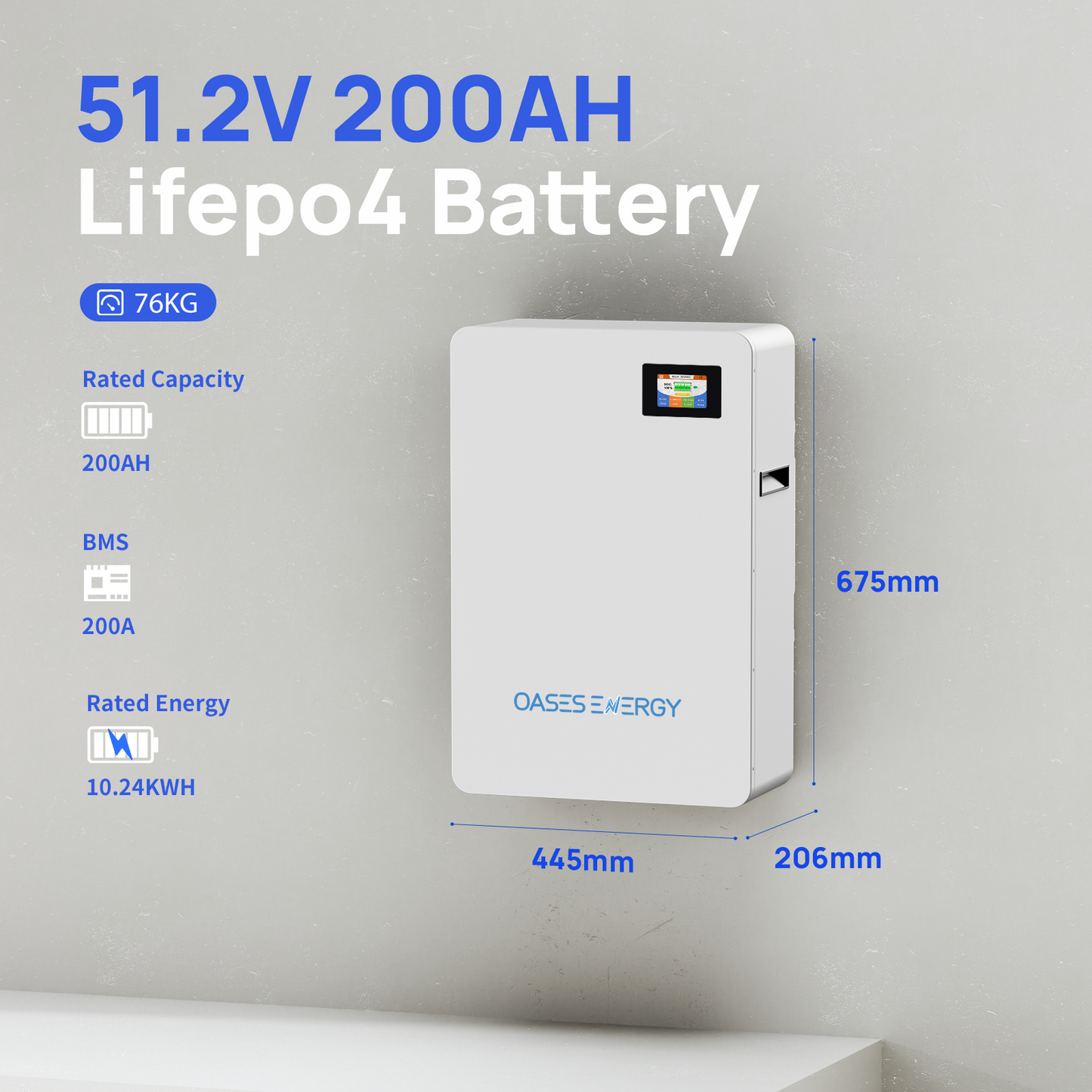 48V 200AH Lithium LiFePO4 Battery, 10.24kWh Capacity Wall Mounted 48V Lithium Battery with 100A BMS