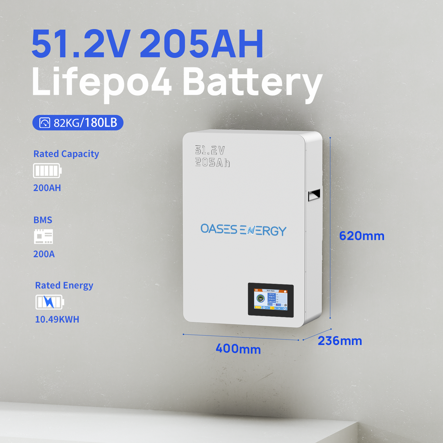 48V 200Ah LiFePO4 Battery (205Ah), 10kWh Deep Cycle Solar Battery, Off-Grid Home System, Lithium, Built-in 200A BMS, Bluetooth App & 5-inch Touchable LCD Screen