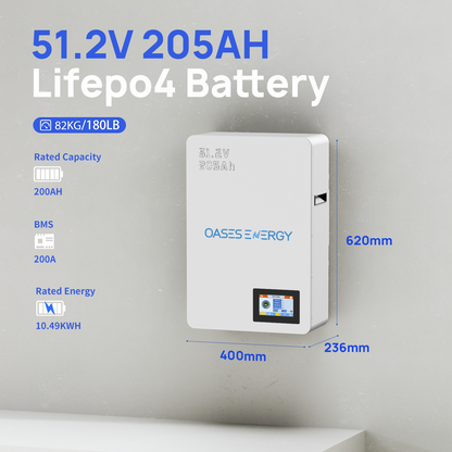 48V 200Ah LiFePO4 Battery (205Ah), 10kWh Deep Cycle Solar Battery, Off-Grid Home System, Lithium, Built-in 200A BMS, Bluetooth App & 5-inch Touchable LCD Screen