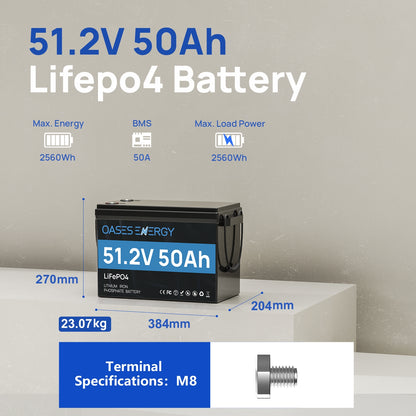 Oasesenergy 48V 50Ah LiFePO4 Battery with Bluetooth, 50A BMS, for Off-Grid, Solar, RV, Camper,Boats