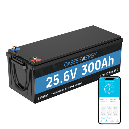 24V 300Ah LiFePO4 Lithium Battery with Bluetooth, 200A BMS, for Off-Grid, Solar, RV, Camper, Trolling Motor, Marine, Boats