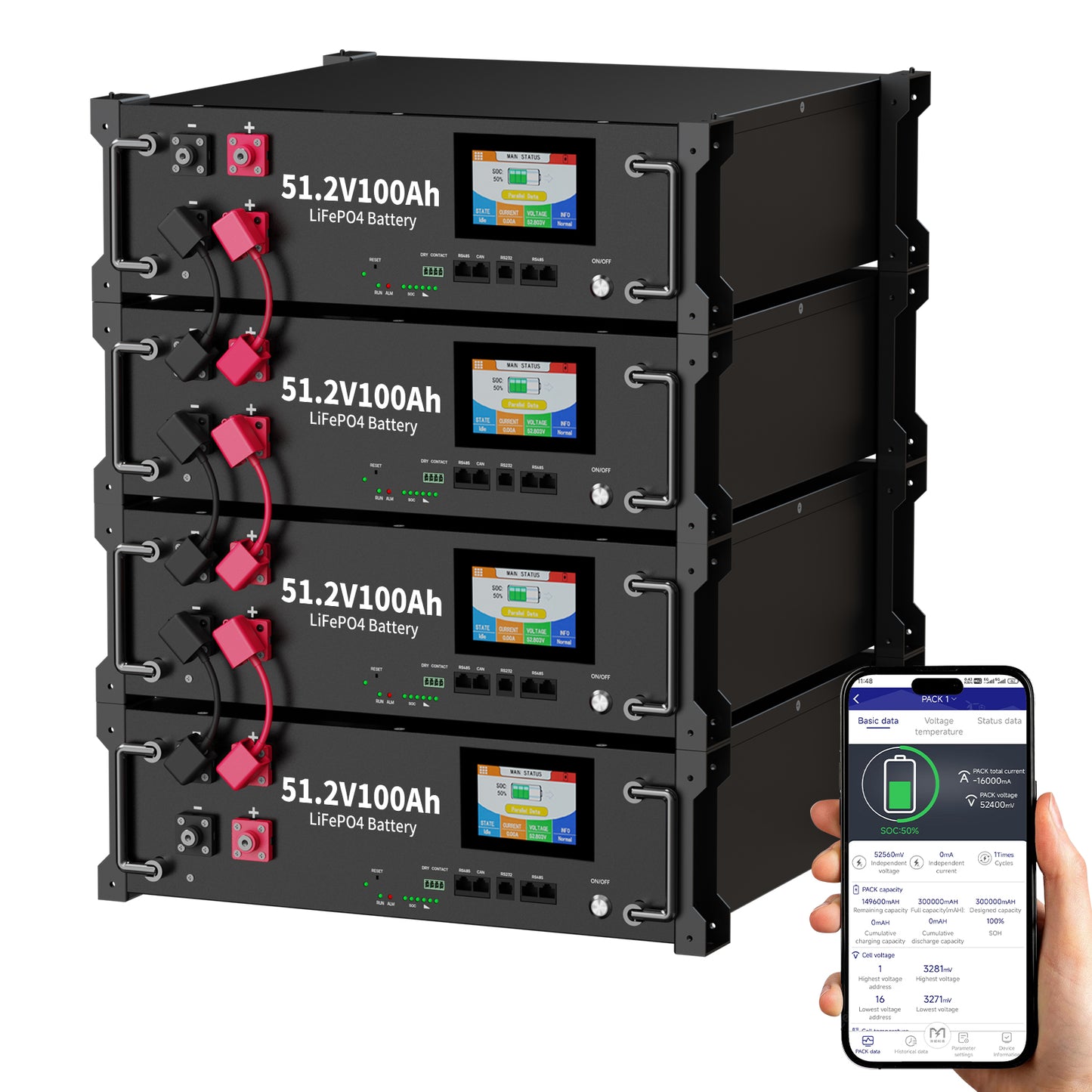 48V 400Ah LiFePO4 Battery , 15kWh 48V Litium Solar Battery, Built-in 100A BMS & Bluetooth App, Touchable LCD Screen, Server Rack Battery for Off-Grid Solar, Home Backup, Energy Storage（副本）（副本）（副本）