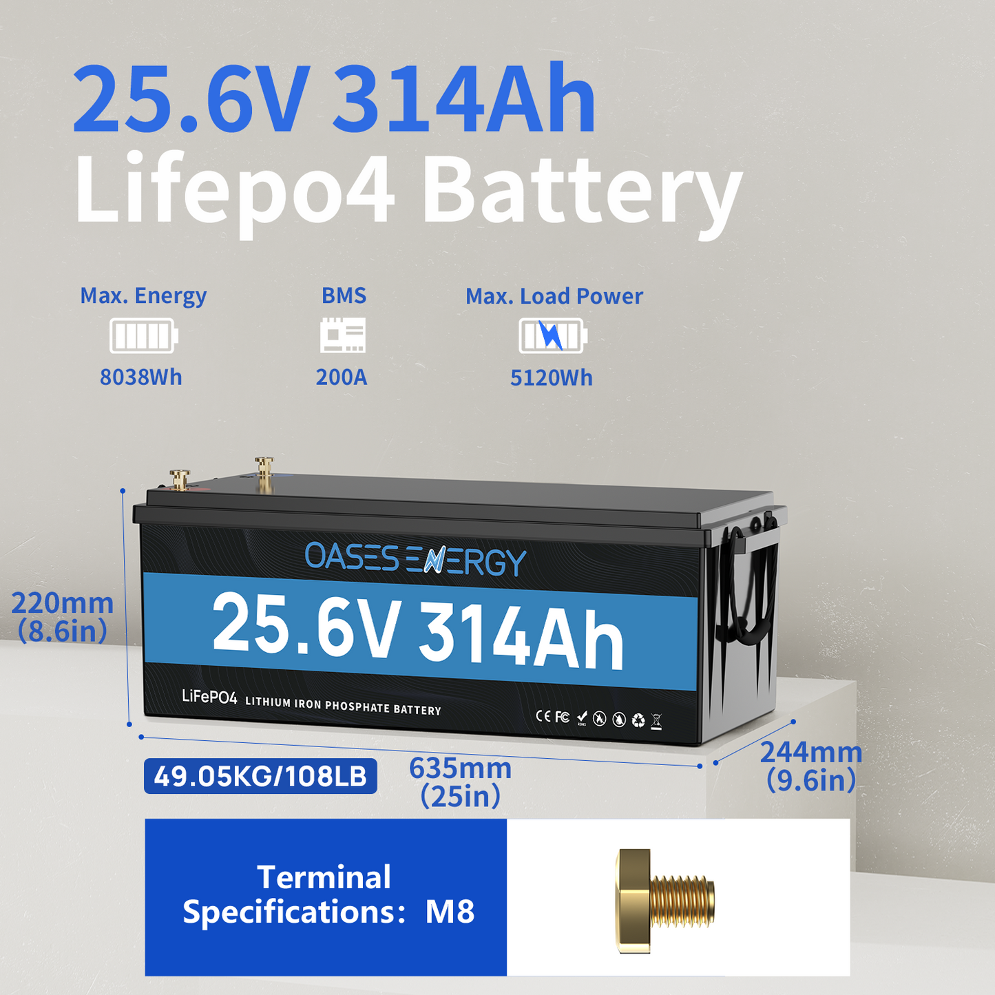 24V 314Ah LiFePO4 Lithium Battery with Bluetooth, 200A BMS, for Off-Grid, Solar, RV, Camper, Trolling Motor, Marine, Boats