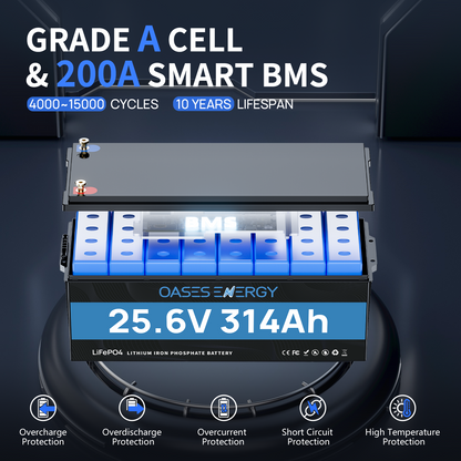 24V 314Ah LiFePO4 Lithium Battery with Bluetooth, 200A BMS, for Off-Grid, Solar, RV, Camper, Trolling Motor, Marine, Boats