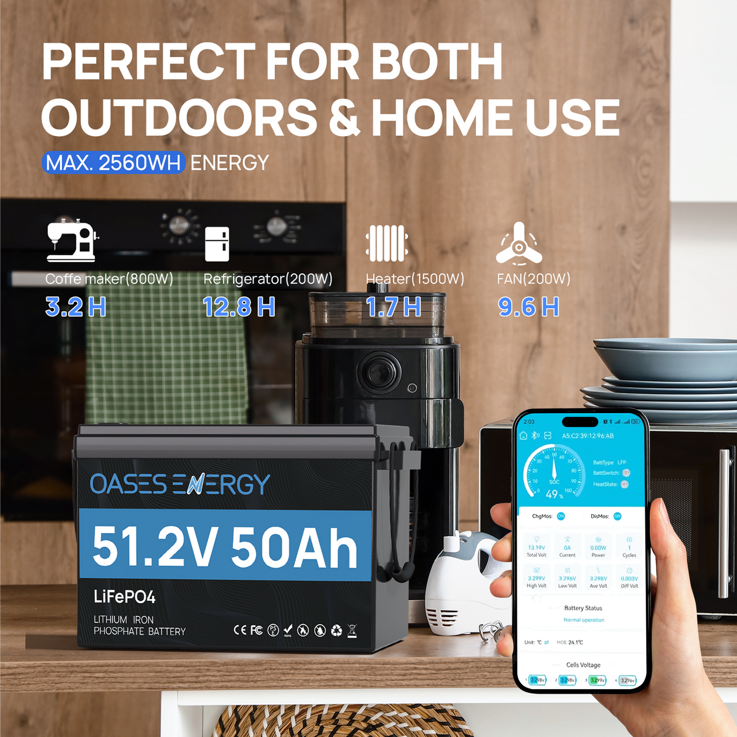 Oasesenergy 48V 50Ah LiFePO4 Battery with Bluetooth, 50A BMS, for Off-Grid, Solar, RV, Camper,Boats