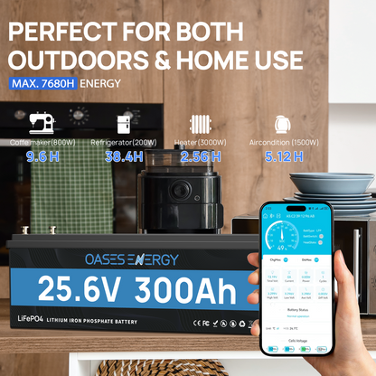 24V 300Ah LiFePO4 Lithium Battery with Bluetooth, 200A BMS, for Off-Grid, Solar, RV, Camper, Trolling Motor, Marine, Boats