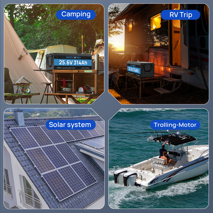 24V 314Ah LiFePO4 Lithium Battery with Bluetooth, 200A BMS, for Off-Grid, Solar, RV, Camper, Trolling Motor, Marine, Boats